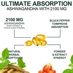 Organic Ashwagandha 2100mg Capsules w/ Black Pepper Root Supplement