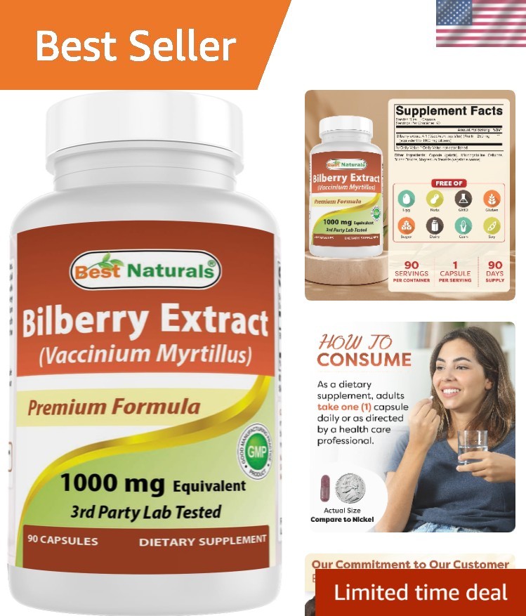 Antioxidant Rich 1000mg Bilberry Capsules – 90 Count, Made in USA, Non-GMO
