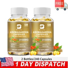 Organic Ashwagandha Capsules 2100mg 240 Capsules with Black Pepper Root Powder