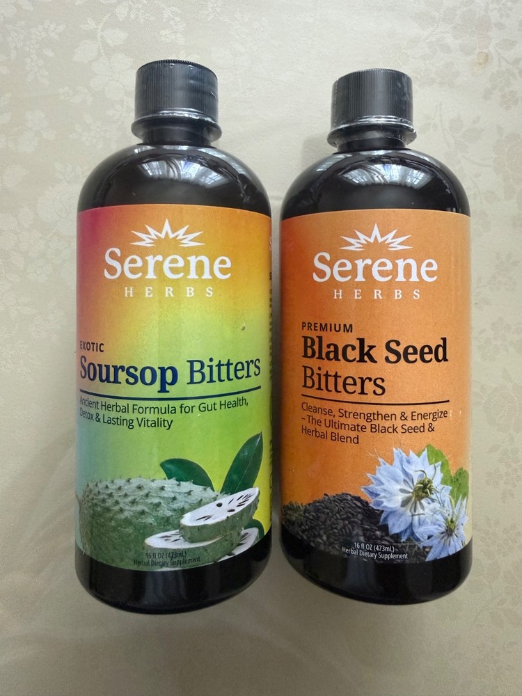 Serene Herbs Soursop Bitters Liquid & Black Seed Bundle Organic 16oz Each.