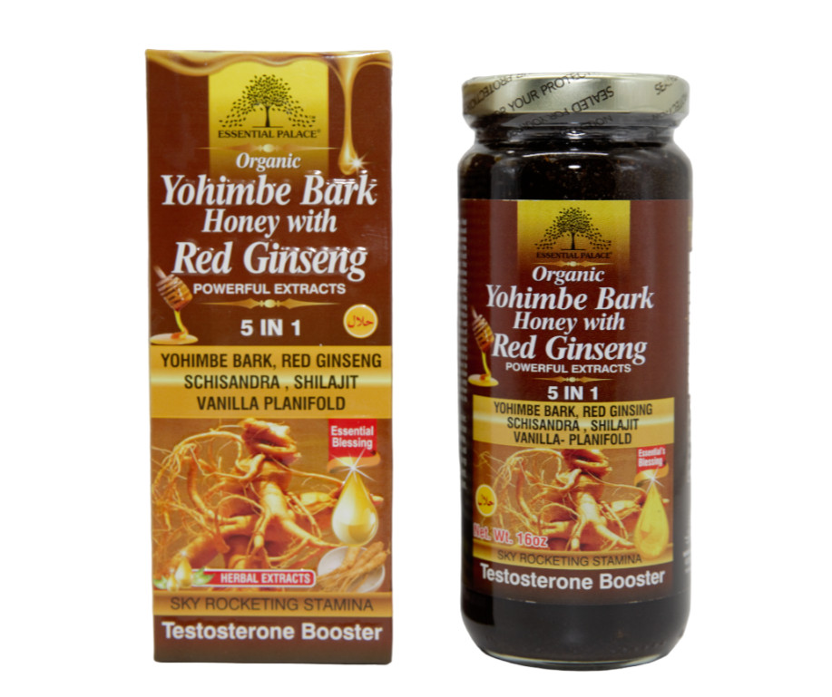 Organic Yohimbe Bark Honey with Red Ginseng By Essential Palace – 16 oz Glass