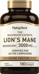 Lions Mane Capsules | 3000mg | 180 Count | Mushroom Supplement | by Piping Rock