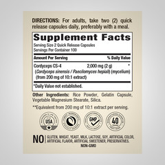 Cordyceps Sinensis Capsules 2000mg 200 Caps Mushroom CS-4 Strain Non GMO