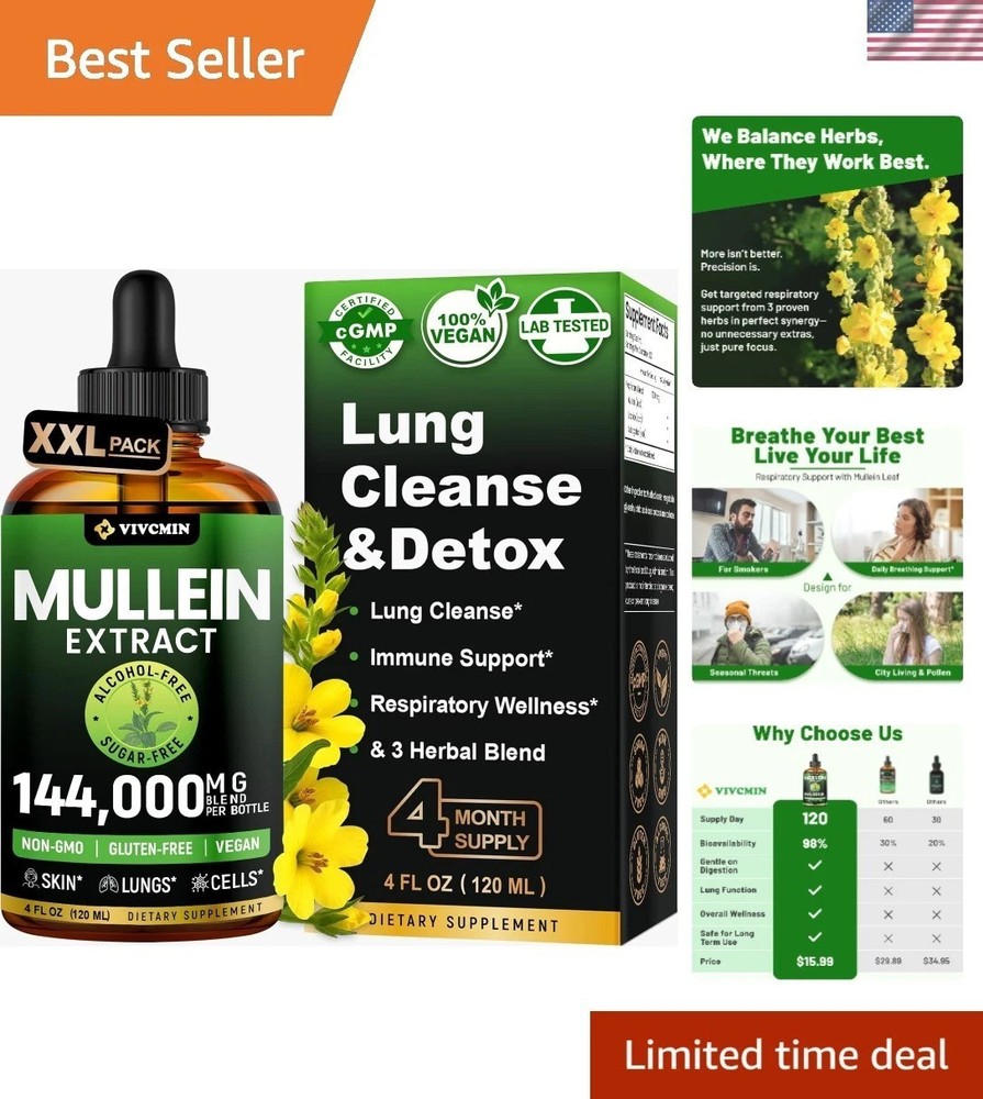 Mullein Drops for Lung Detox: 120 Servings of Herbal Immune Support – 4 fl oz