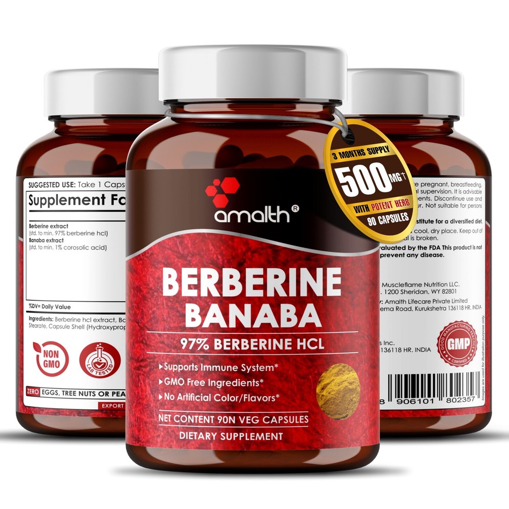 Berberine HCl + Banaba Extract 500mg 90 Capsules High Potency Blood Sugar Amalth