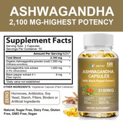 Organic Ashwagandha Capsules 2100 MG with Black Pepper Root Powder 120 Capsules