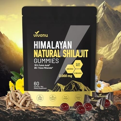 VivoNu Pure Himalayan Shilajit Gummies 3000mg Ashwagandha, Fulvic Acid, 60 Count