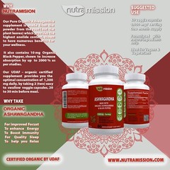 Organic Ashwagandha Capsules 1300mg w/ Black Pepper Root Powder by NutraMission