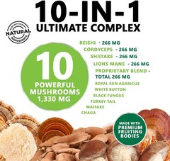Mushroom Complex Supplement Capsules – 10 Mushrooms Lions Mane, Reishi, Chaga