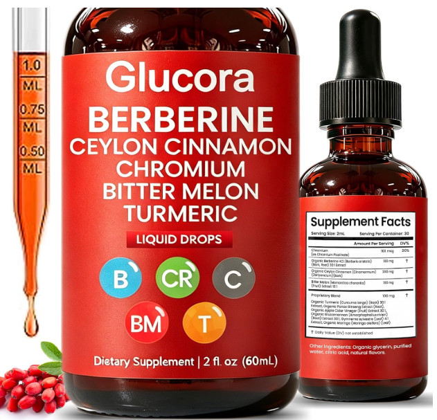 Glucora Berberina Liquida Gotas, Berberine Drops with Ceylon Cinnamon, Bitter Me