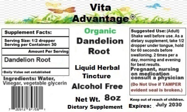 Organic Dandelion Root Tincture Alcohol Free with FREE Sample