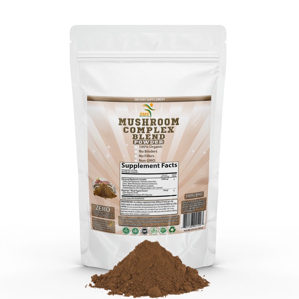 Mushroom Complex Powder Premium Formula 50% Polysaccharides Bioperine 100G
