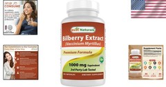 Antioxidant Rich 1000mg Bilberry Capsules – 90 Count, Made in USA, Non-GMO