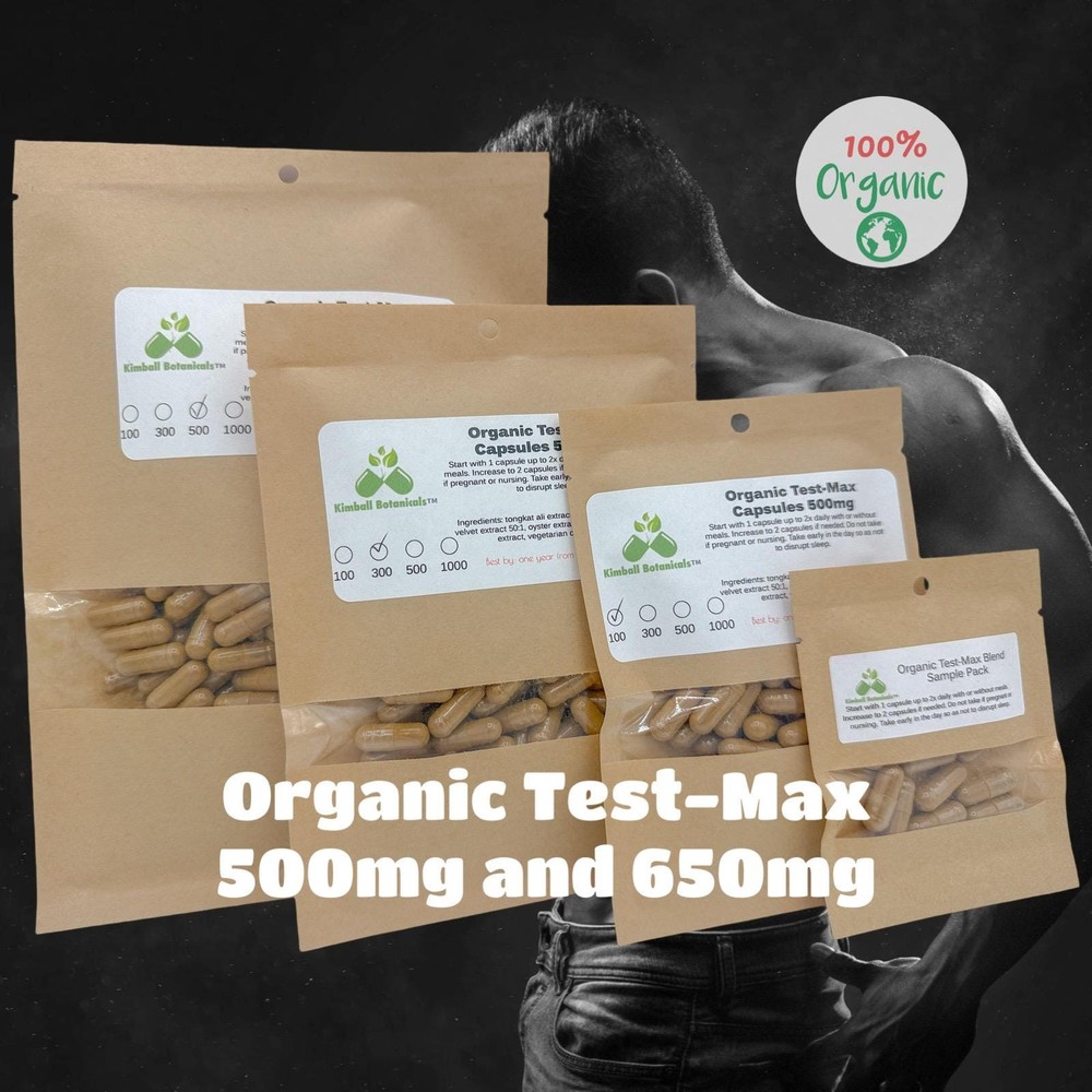 Organic Test-Max Men 500mg and 650mg vegetarian or pullulan capsules, made