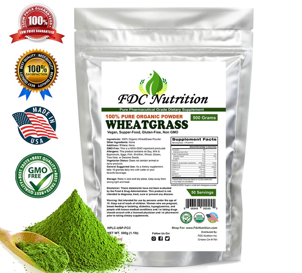 Organic Wheatgrass Powder , Super food, Green Wheat Grass 1.1LB By FDC Nutrition