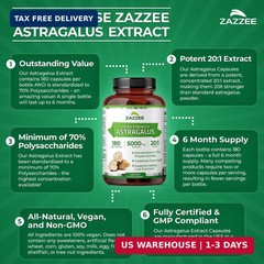 Zazzee Extra Strength Astragalus Root 20:1 Extract, 70% Polysaccharides | 180 Ve