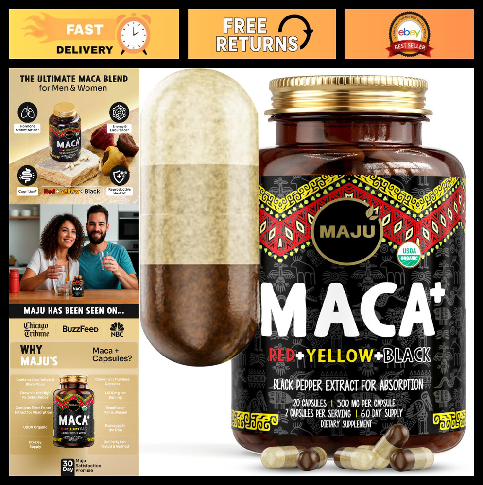Organic 4-in-1 Maca Root Capsules – Black, Yellow & Red + Black Pepper Extract,