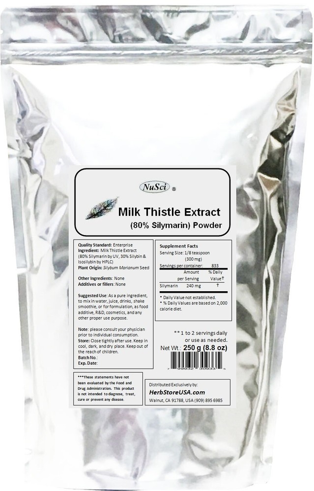 NuSci Milk Thistle Extract 80% Silymarin 250 g (8.8 oz Flavonoids Support Liver