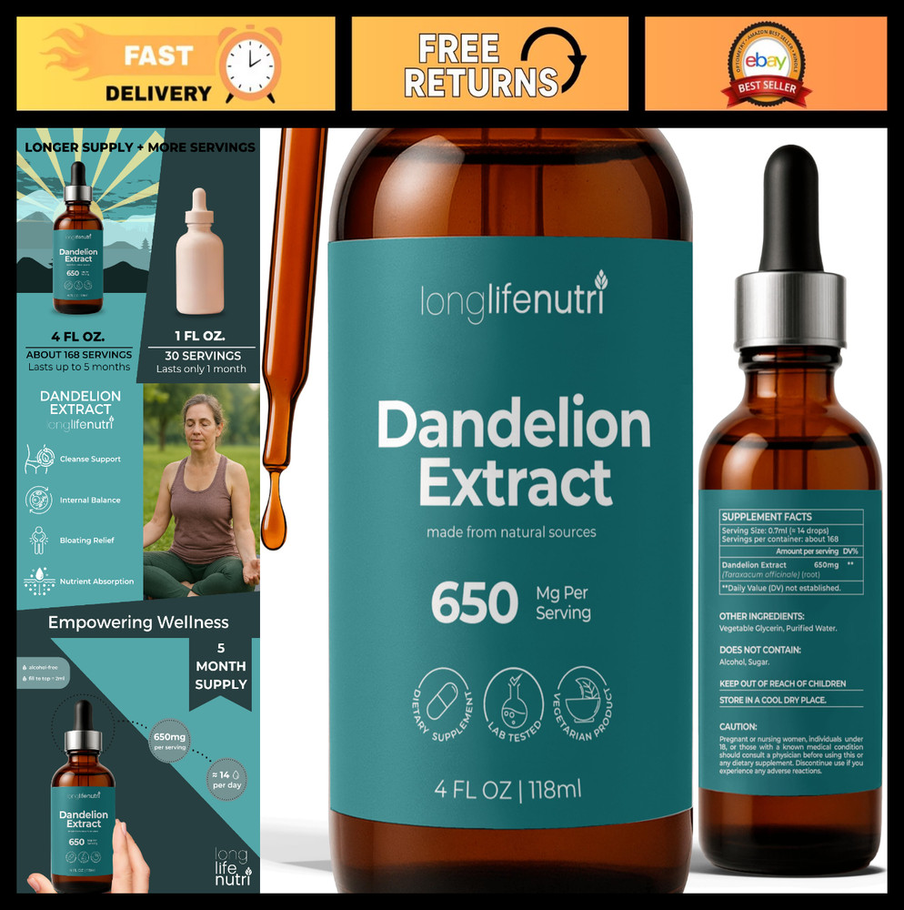 Dandelion Root Extract Liquid Drops 4 Fl Oz – Natural Digestion, Sugar-Free, GMP