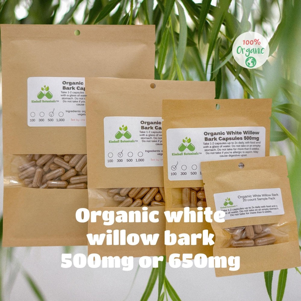 Certified Organic White Willow Bark (Salix Alba) 500mg or 650mg vegetarian or