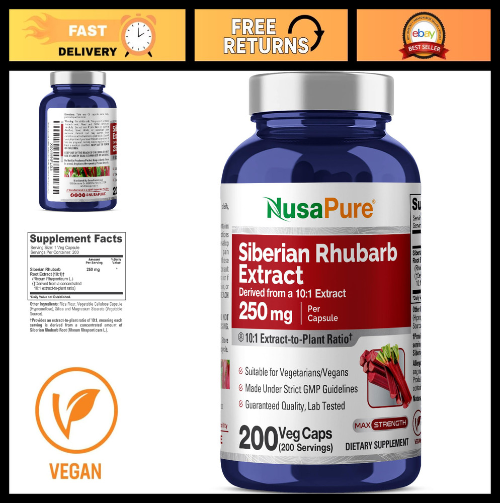 Non-GMO Siberian Rhubarb Extract 250mg – 200 Vegan Capsules, Plant-Based, cGMP