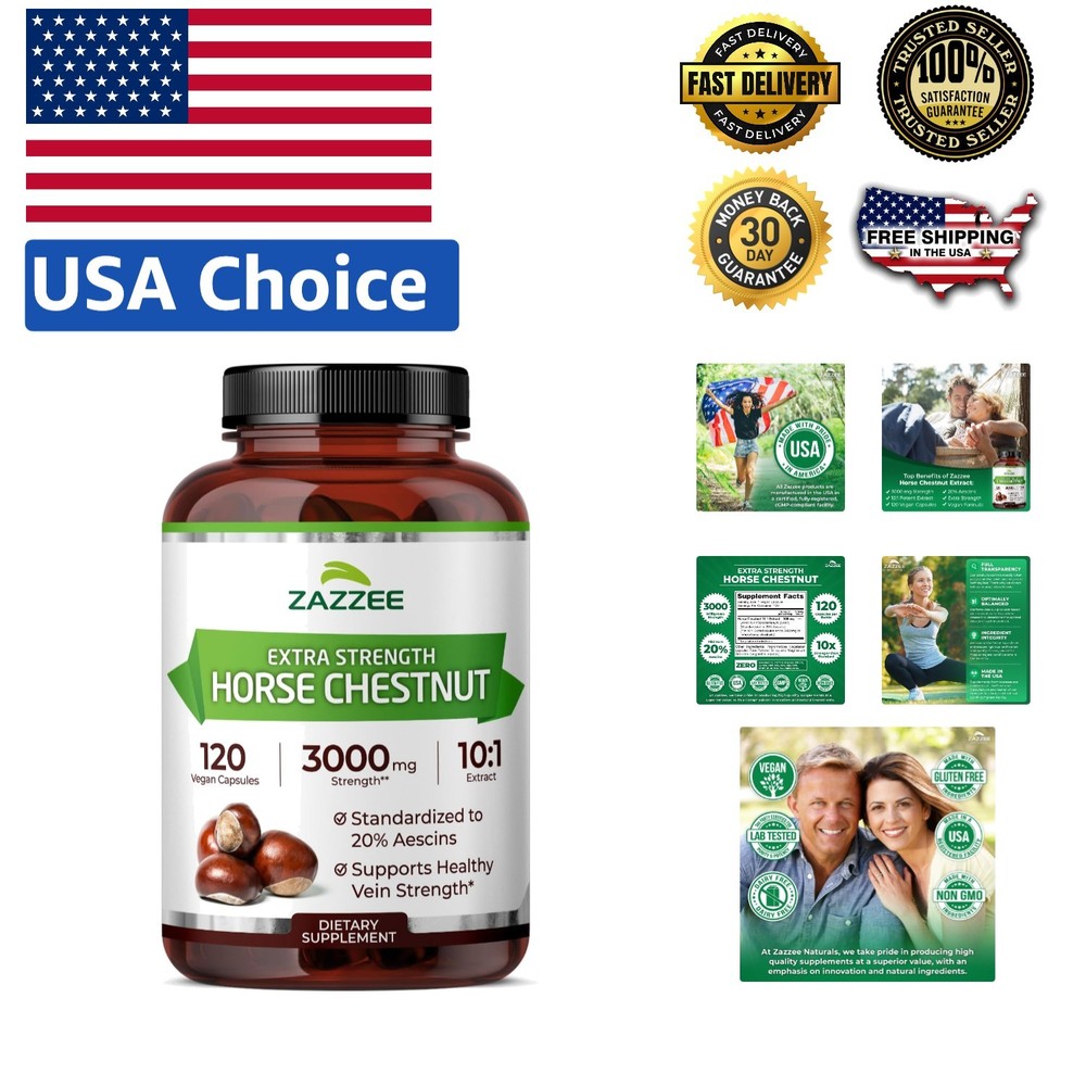 Extra Strength Horse Chestnut Extract 3000 mg – 120 Capsules 20% Aescins