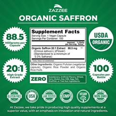 USDA Organic Saffron 20:1 Extract, 88.5 mg, 0.3% Safranal, 100 Vegan Capsules
