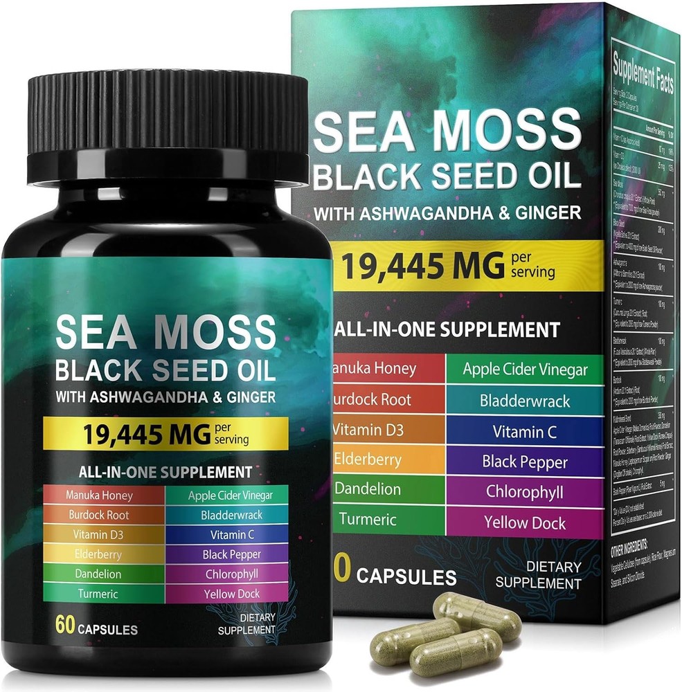 Sea Moss Black Seed Oil Ashwagandha Ginger Turmeric Burdock Root 60 Count