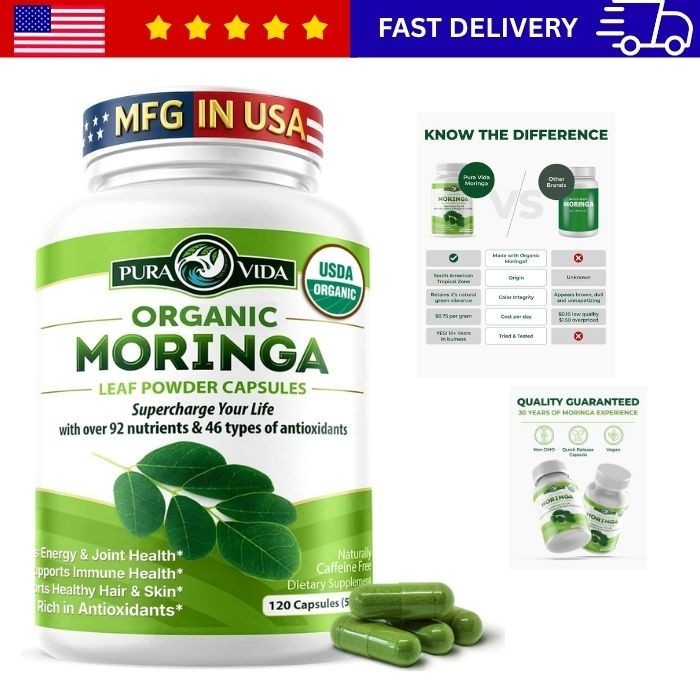 PURA VIDA MORINGA Organic Moringa Capsules, Pure Moringa Leaf Powder Single Orig
