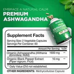 Nutrivein Organic Ashwagandha Capsules 1600mg – 120 Vegan Pills – Stress Support