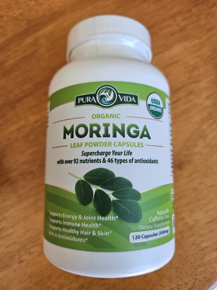 PURA VIDA MORINGA Organic Moringa Capsules, Pure Moringa Leaf Powder 120ct, 500m