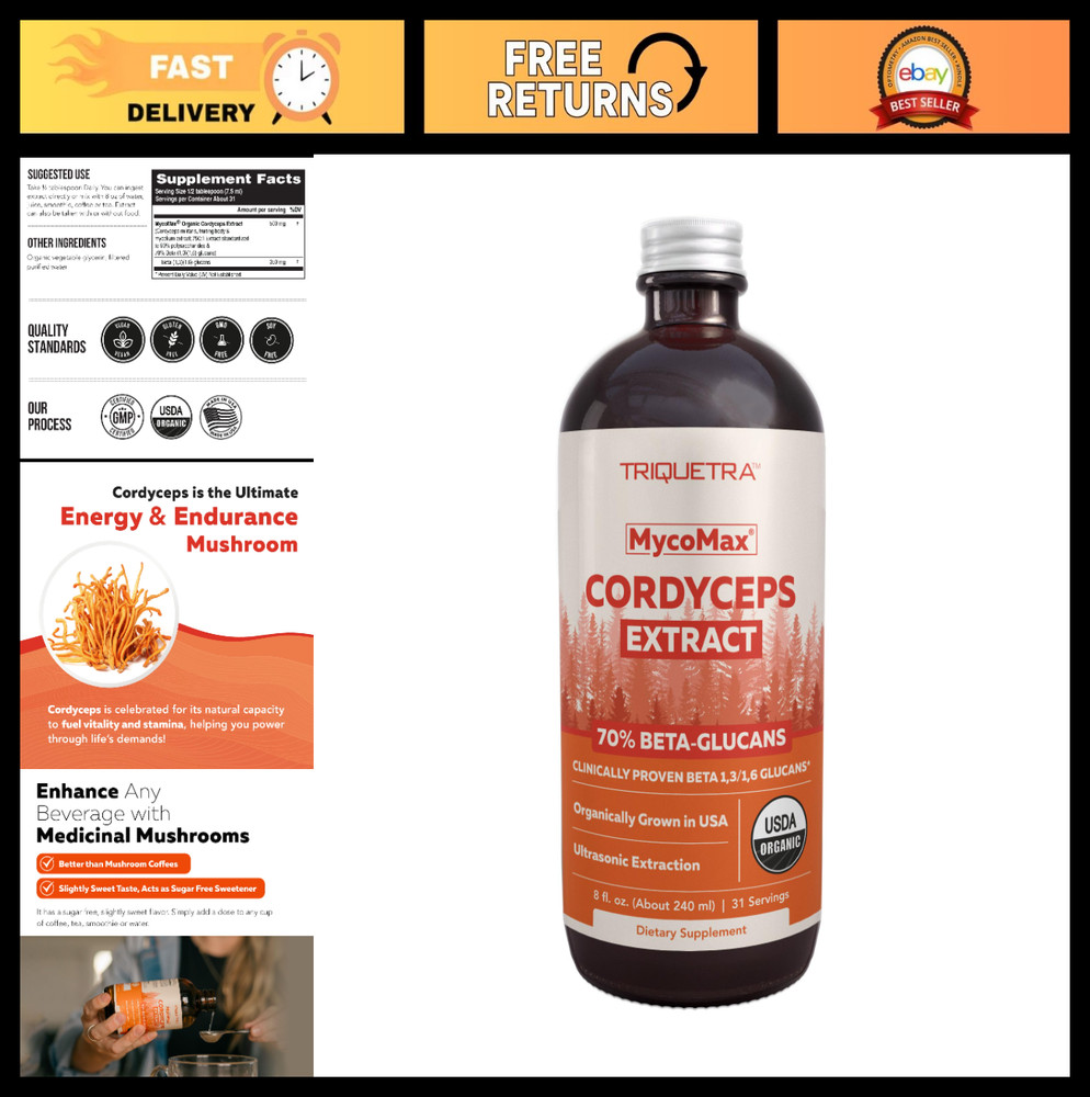 Organic Cordyceps Mushroom Extract 8 oz | Max Potency Tincture, 70% Beta Glucans