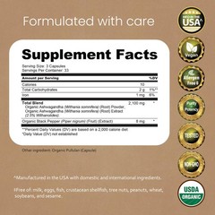 Organic Ashwagandha 2100mg – Full Spectrum Root Powder & Extract, 100 Vegan Caps