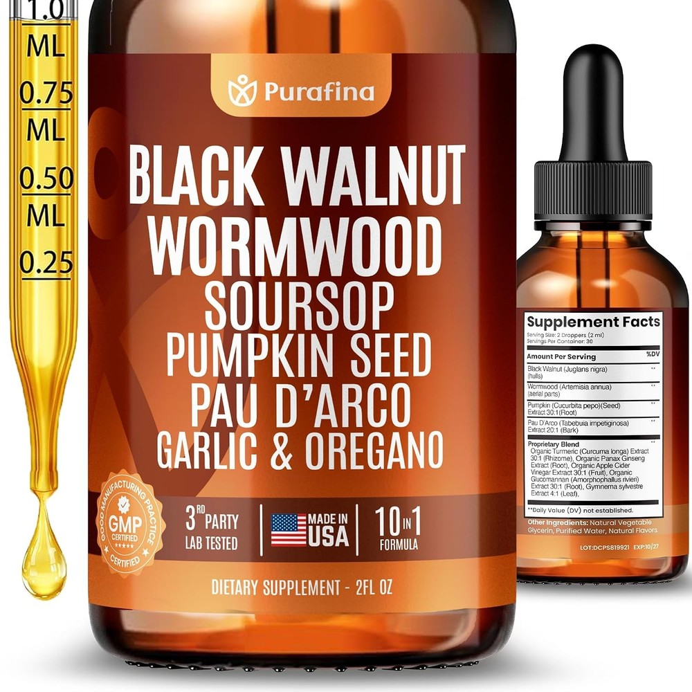 Wormwood Black Walnut Clove Cleanse Liquid Drops with SourSop, Pumpkin Seed, Pau