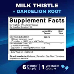 Milk Thistle 25,000mg, Dandelion 5000mg 180 Caps NonGmo/Made in the USA