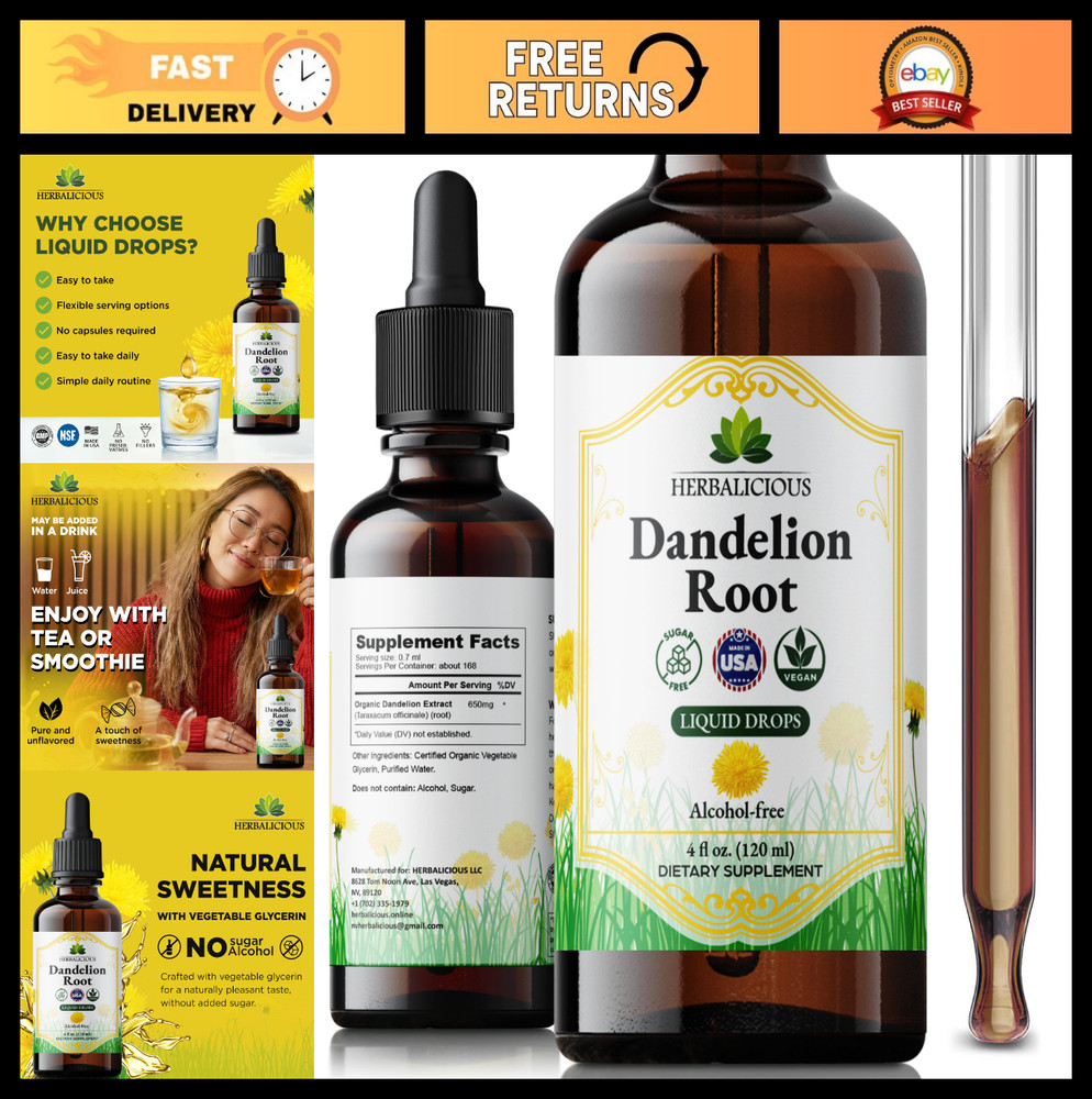 Organic Dandelion Root Extract Liquid Drops 4 oz – Alcohol-Free Tincture, 650mg/