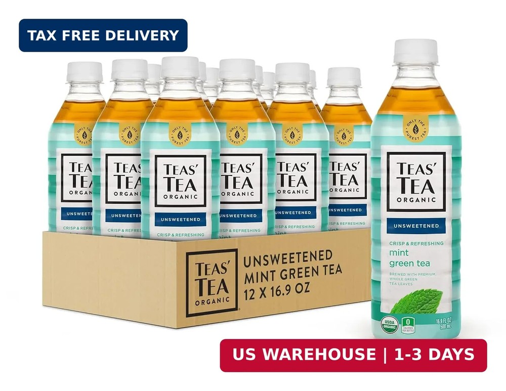 Teas’ Tea Unsweetened Mint Green Tea 16.9 Fl Oz (Pack of 12) Organic, Sugar Free