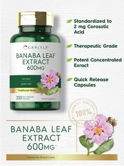 Banaba Leaf Extract 600mg | 200 Capsules | Non-GMO, Gluten Free | by Carlyle