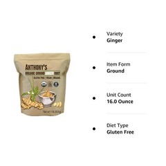 Organic Ground Ginger Root Powder Spice Non GMO Certified Gluten Free 1 lb Bag