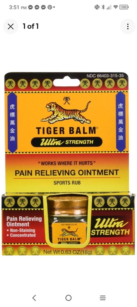 Tiger Balm Ultra Strength Pain Relieving Ointment for Adult External 0.35 Oz 10g