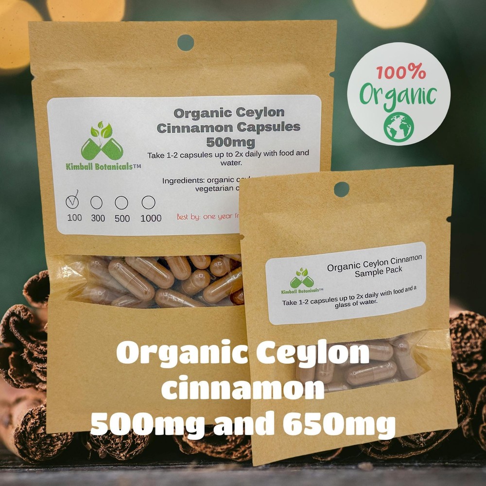 USDA Organic Ceylon Cinnamon (Cinnamomum verum) 500mg and 650mg vegetarian or