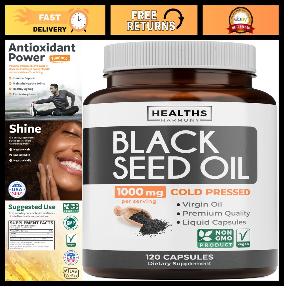 Cold-Pressed Black Seed Oil Capsules – Vegan Immune Support, 1000mg, 2-Month Sup