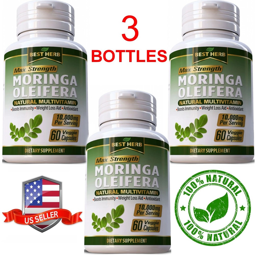 3 X MORINGA OLEIFERA LEAF PILLS 60 CAPSULES NATURAL 10,000mg ORGANIC