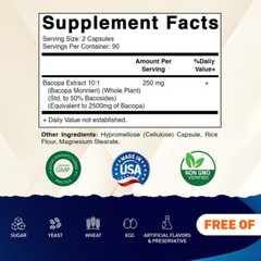 Bacopa Monnieri 2500mg Whole Plant 180 Caps Non GMO/No Gluten Made in the USA