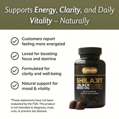 Pure Shilajit Gummies for Men Women with Black Seed Oil 60Pcs Energy Lab Tested