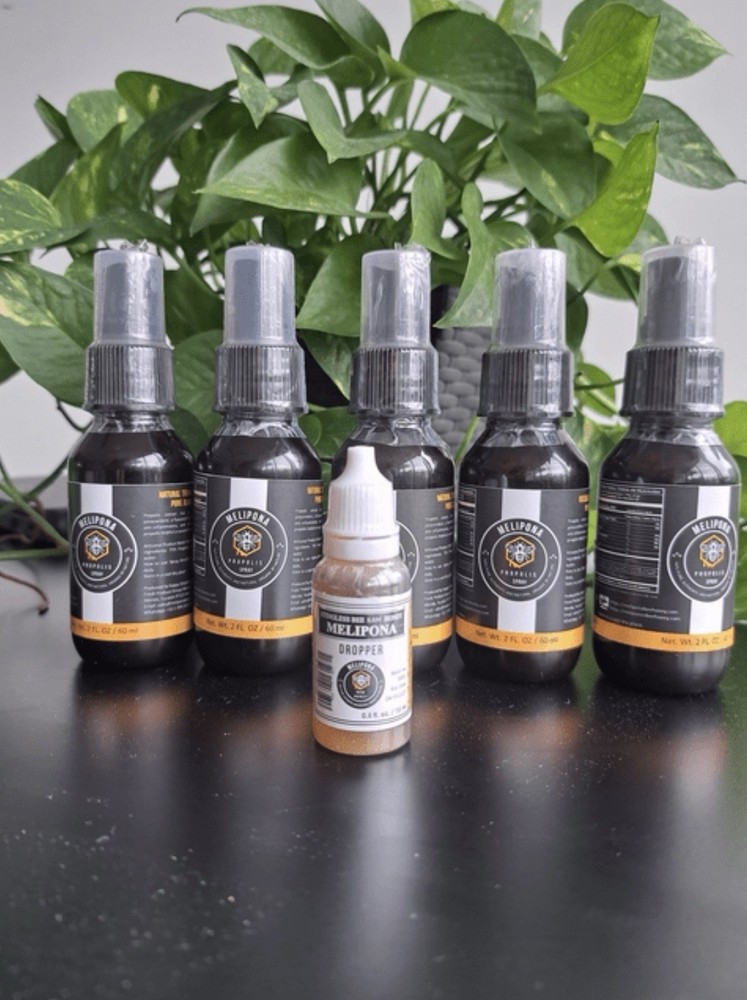 5 Pack MELIPONA ® Alcohol-Free Propolis Spray 2 floz & Free 5 Droppers 0.5 floz