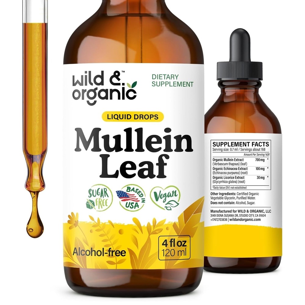 Wild & Organic Mullein Drops for Lungs – Alcohol Free Herbal Supplement