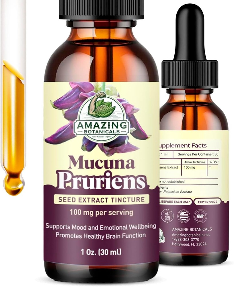 Organic Mucuna Pruriens Liquid Extract Alcohol-Free Tincture 100mg 1oz Drops