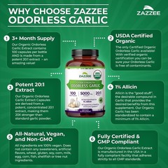USDA Organic Odorless Garlic Extract 20:1, 100 Capsules for Heart Health
