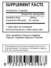 Dandelion Root Capsules – 60 Count 500mg Each – (Taraxacum Officinale)Free Ship